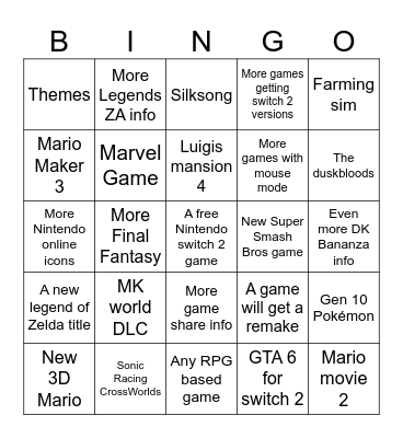 Nintendo Direct Bingo Card