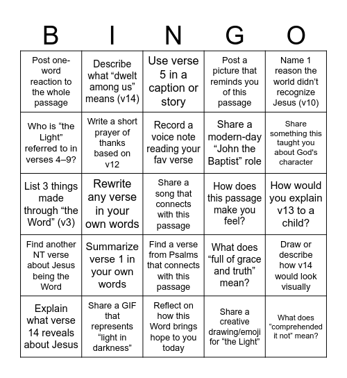 Bible Study Bingo John Ch1:1-14 Bingo Card