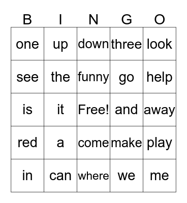 Preprimer Words Bingo Card
