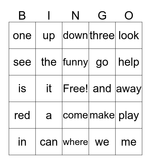 Preprimer Words Bingo Card