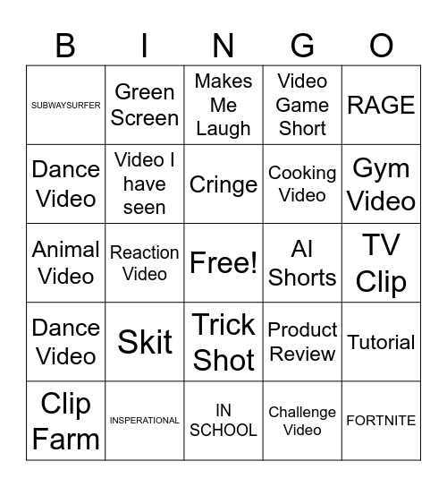 YT Shorts Bingo Card