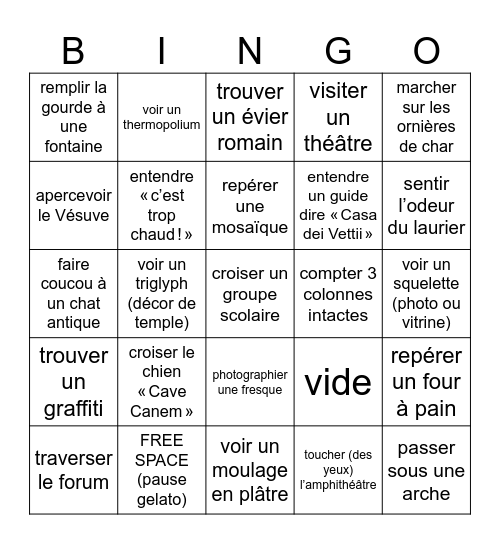 BINGO: Pompeii Bingo Card