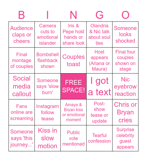 Love Island USA Season 7 Finale Bingo Card
