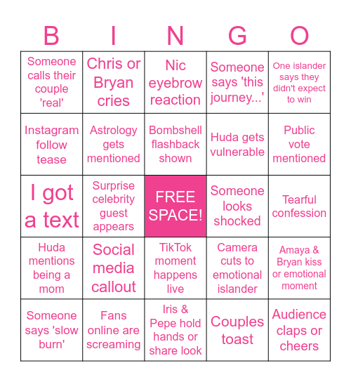 Love Island USA Season 7 Finale Bingo Card