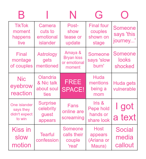 Love Island USA Season 7 Finale Bingo Card
