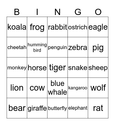 Amazing Animals Bingo Card