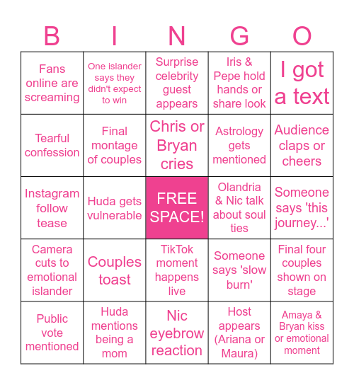 Love Island USA Season 7 Finale Bingo Card
