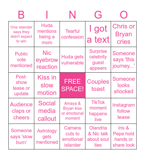Love Island USA Season 7 Finale Bingo Card