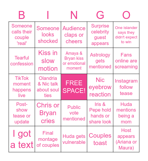 Love Island USA Season 7 Finale Bingo Card