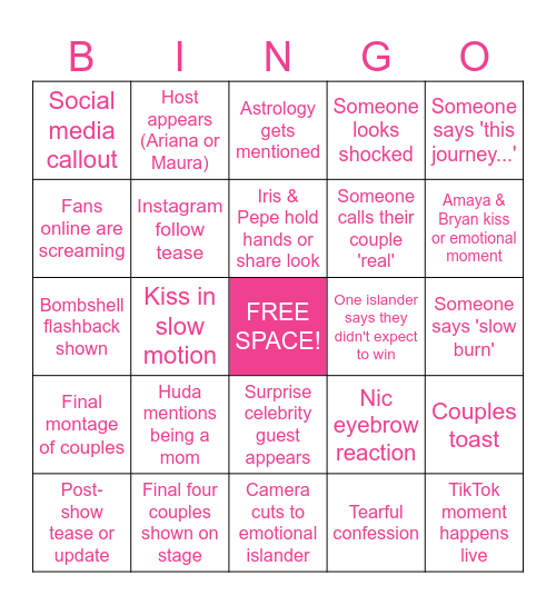Love Island USA Season 7 Finale Bingo Card