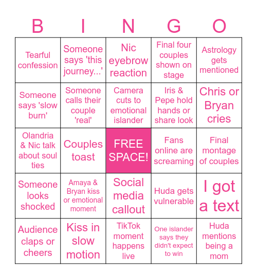 Love Island USA Season 7 Finale Bingo Card