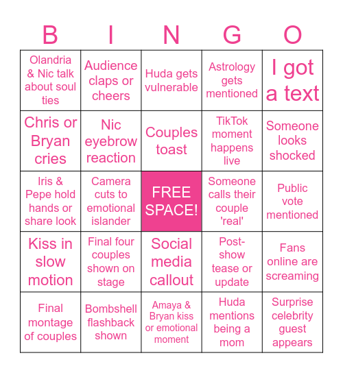 Love Island USA Season 7 Finale Bingo Card
