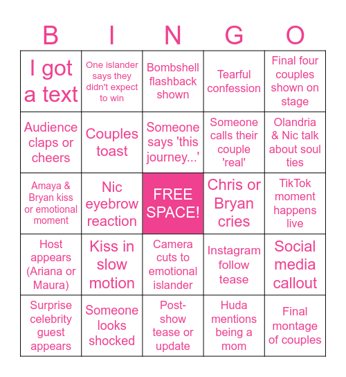 Love Island USA Season 7 Finale Bingo Card