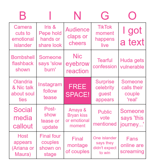Love Island USA Season 7 Finale Bingo Card