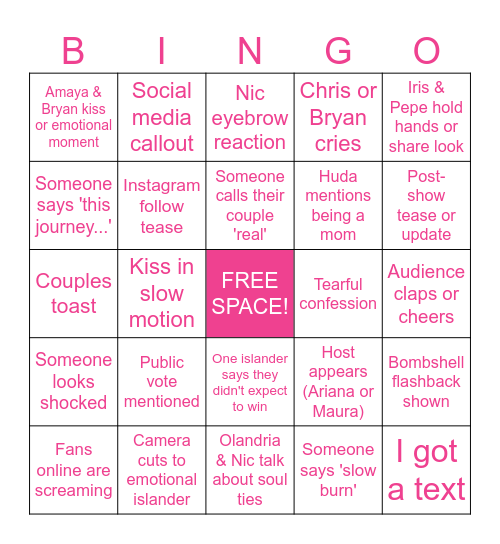 Love Island USA Season 7 Finale Bingo Card