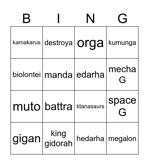 Gojira villains Bingo Card