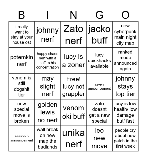 evo balance patch Bingo Card