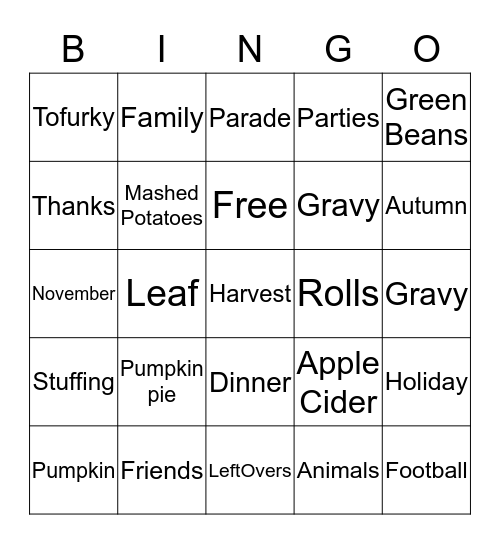 THANKSGIVING Bingo Card