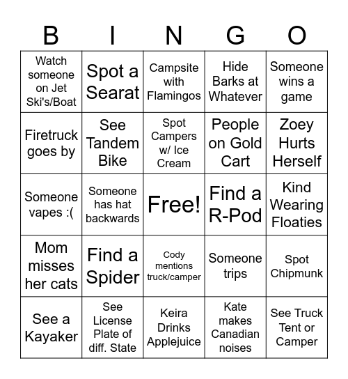 Camping Bingo Card