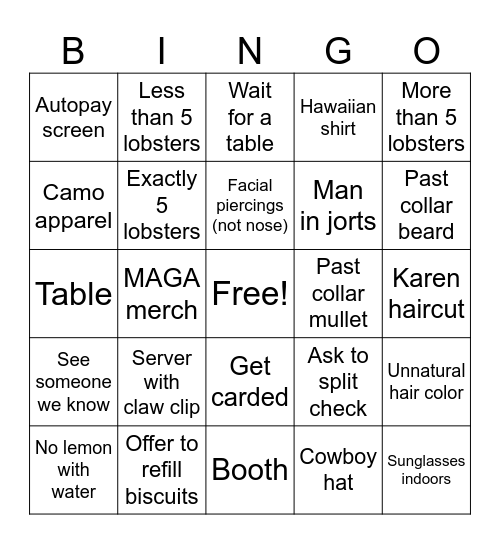 Red Lobster Bingo Card
