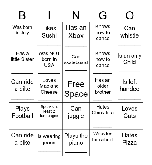 YOUTH HUMAN BINGO Card