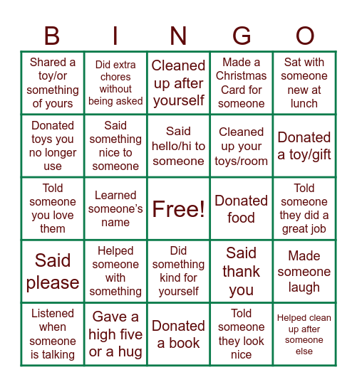 Santa's Wish Kindness Bingo Card