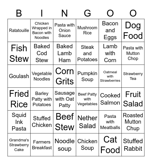 Frontier Challenge Foods Bingo Card