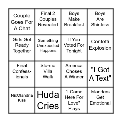 Love Island FInale Bingo Card