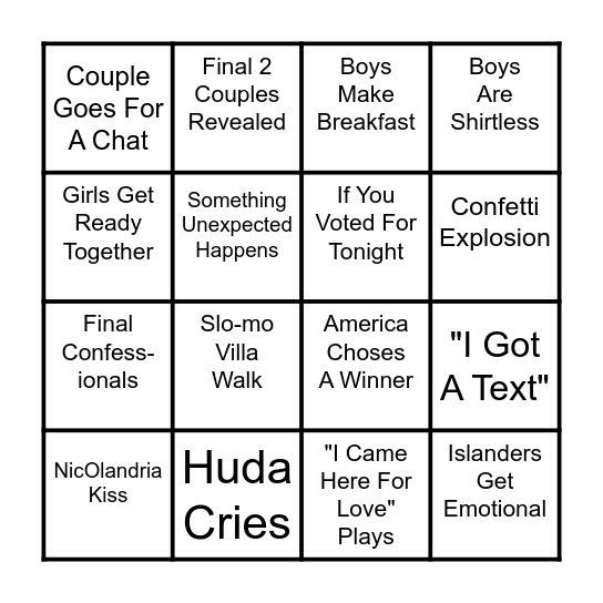 Love Island FInale Bingo Card