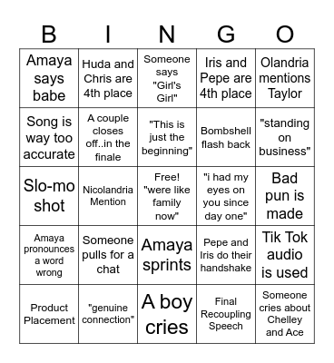 Love Island Finale Bingo Card