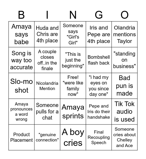 Love Island Finale Bingo Card