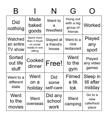 School Holidays Bingo Card