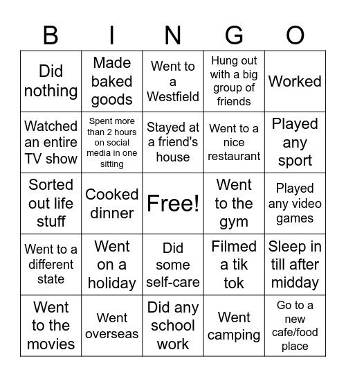 School Holidays Bingo Card