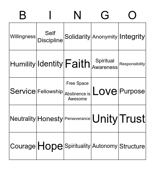Spiritual Principles in the 12 steps and 12 traditions Bingo Card