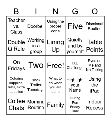 Back to School Procedures Bingo Card