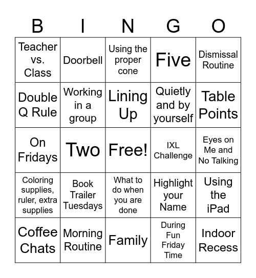 Back to School Procedures Bingo Card
