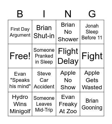 Idiot Trip Bingo Card