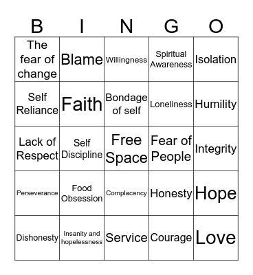 OA Step Key words and Promises Bingo Card