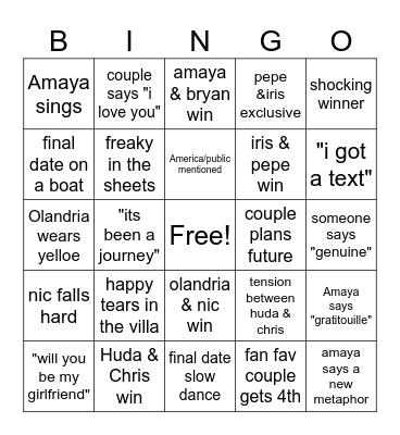 Love Island Bingo Card