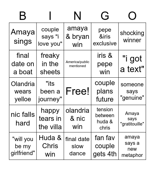 Love Island Bingo Card