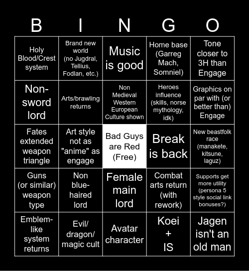 Fire Emblem 18 Bingo Card