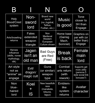 Fire Emblem 18 Bingo Card