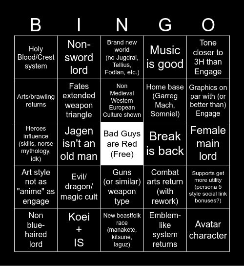 Fire Emblem 18 Bingo Card