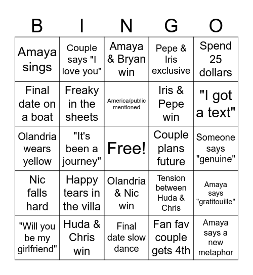 Love Island Bingo Card