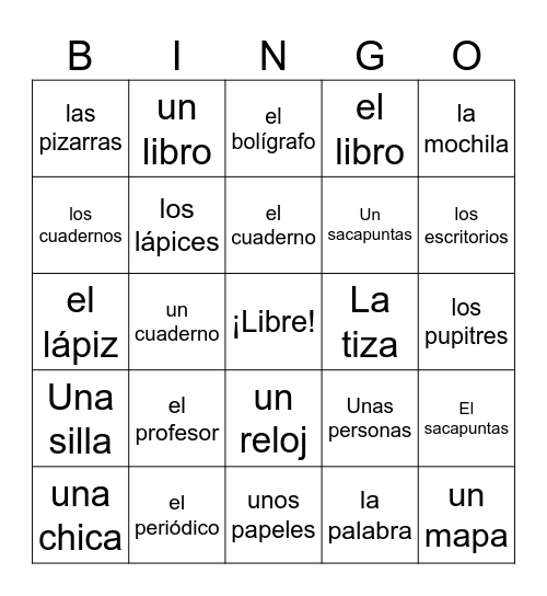 Los artículos definidos e indefinidos Bingo Card