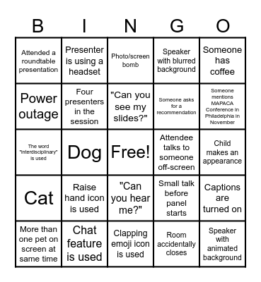 MAPACA Virtual Symposium Bingo Card