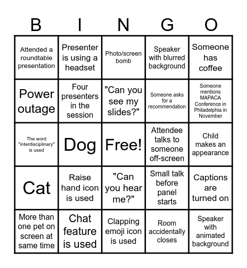 MAPACA Virtual Symposium Bingo Card