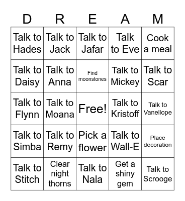 Disney Dreamlight Valley Bingo Card