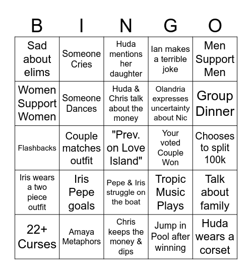 Love Island Finale Bingo Card