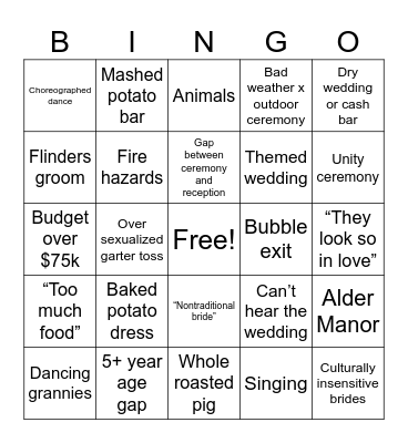 New Four Weddings Card Bingo Card